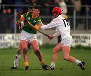 29 April 2001; James Canty of Meath comes under pressure from John Brennan and Mark Hennessey, right, of Kildare during the Guinness Leinster Senior Hurling Championship Preliminary Round match between Kildare and Meath at Conneff Park in Clane, Kildare. Photo by Aoife Rice/Sportsfile