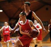 3 May 2001; Daire Conway of St Geralds College in action against Gavin O'Keefe of Nagle Rice Secondary School during the Cadbury's Time Out All Ireland Under 16 'C' Schoolboys Final match between St Gerald's College, Castlebar, Mayo and Nagle Rice Secondary School, Doneraile, Cork at the National Basketball Arena in Tallaght, Dublin. Photo by Brendan Moran/Sportsfile