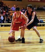 3 May 2001; Finin Canavan of St Gerald's College in action against Gavin O'Keefe of Nagle Rice Secondary School during the Cadbury's Time Out All Ireland Under 16 'C' Schoolboys Final match between St Gerald's College, Castlebar, Mayo and Nagle Rice Secondary School, Doneraile, Cork at the National Basketball Arena in Tallaght, Dublin. Photo by Brendan Moran/Sportsfile