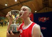 3 May 2001; St Geralds College captain Barry Moran celebrates his sides victory after the Cadbury's Time Out All Ireland Under 16 'C' Schoolboys Final match between St Gerald's College, Castlebar, Mayo and Nagle Rice Secondary School, Doneraile, Cork at the National Basketball Arena in Tallaght, Dublin. Photo by Brendan Moran/Sportsfile *** Local Caption *** over Nagle Rice Secondary School. Cadbury's TimeOut All Ireland Under 16 'C' Schoolboys Final, St. Geralds College, Castlebar, Co. Mayo v Nagle Rice Secondary School, Doneraile, Co. Cork, National Basketball Arena, Tallaght, Co Dublin. Picture credit; Brendan Moran / SPORTSFILE