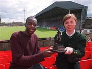 4 May 2001; Mark Rutherford of Bohemians is presented with the eircom / SWAI Player of the Month for April by from Adrienne Regan of Eircom at Dalymount Park in Dublin. Photo by David Maher/Sportsfile