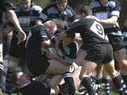 5 May 2001; Peter Stringer of Shannon is tackled by Jason Taggart, left, Brad Free, 9, and Gary Longwell of Ballymena during the AIB All-Ireland League Division 1 match between Ballymena and Shannon at Ballymena Rugby Club in Antrim. Photo by Matt Browne/Sportsfile