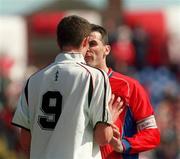 6 May 2001; Pat Scully of Shelbourne, behind, has words with Noel Hartigan of Cork City during the Eircom League Premier Division match between Shelbourne and Cork City at Tolka Park in Dublin. Photo by David Maher/Sportsfile