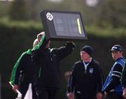 29 April 2001; Fourth official Larry O'Gorman indicates one minute of injury time to be played during the Guinness Leinster Senior Hurling Championship Preliminary Round match between Kildare and Meath at Conneff Park in Clane, Kildare. Photo by Aoife Rice/Sportsfile