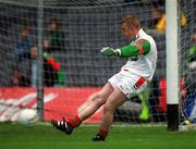 29 April 2001; Mayo goalkeeper Peter Burke takes a kick-out during the Allianz GAA National Football League Division 1 Final match between Mayo and Galway at Croke Park in Dublin. Photo by Ray Lohan/Sportsfile