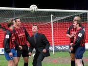 9 May 2001; Richard MacMillan, General Manager Adecco Recruitment Ireland, shows off his skills at Dalymount Park to Bohemians players, from left, Kevin Hunt, Dave Morrison, Alex Nesovic and Trevor Molly at the announcement that Adecco renews its sponsorship of Bohemians for the 2001/2002 season. Photo by David Maher/Sportsfile