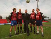 9 May 2001; Richard MacMillan, General Manager Adecco Recruitment Ireland, shows off his skills at Dalymount Park to Bohemians players, from left, Kevin Hunt, Dave Morrison, Alex Nesovic and Trevor Molly at the announcement that Adecco renews its sponsorship of Bohemians for the 2001/2002 season. Photo by David Maher/Sportsfile