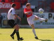 6 May 2001; Mark Hutchison of Shelbourne in action against Pat Morley of Cork City during the Eircom League Premier Division match between Shelbourne and Cork City at Tolka Park in Dublin. Photo by David Maher/Sportsfile