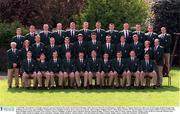1 April 2001; The Ireland U-19 Rugby squad to represent Ireland in the Junior World Cup in Santiago, Chile. Back row from left, Ian Humphreys, Paddy Berkery, Eugene McGovern, John Lyne, Frank Cogan, Stephen Keogh, John Muldoon, Kevin Croke, Jody Danagher, Niall Ronan, Ross Callaghan and Rory Best. Centre row, from left, John O'Hagan, Baggage Master, Claire Burke, Physion, Dr Tim O'Fanagan, Kevin Corrigan, Killian Coleman, David Kelly, Ryan Hartigan, Patrick O'Gorman, Peter O'Brien, Ultan O'Callaghan, Technical, Maeve Mitchell, Physion, Hendrik Kruger, Assistant Coach, John O'Connor, captain, Bartley Fannin, Coach. Front row, from left, Richard Jones, Andrew Tallon, Fiach O'Loughlin, Harry McKibben, Manager, Keith Matthews, Michael Rainey, Nick McClelland and Cathal Connolly. Rugby. Picture credit; Ray McManus / SPORTSFILE