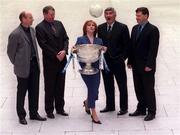 9 May 2001; Lisa Browne, Sponsorship Manager at Bank of Ireland with county team managers, from left, Tommy Carr of Dublin, Brian Canavan of Armagh, Mick O'Dwyer of Kildare and John O'Mahony of Galway with the Sam Maguire Cup at the launch of the 2001 Bank of Ireland Football Championship. Photo by Ray McManus/Sportsfile  *** Local Caption ***