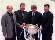 9 May 2001; County team managers, from left, Tommy Carr of Dublin, Brian Canavan of Armagh, Mick O'Dwyer of Kildare and John O'Mahony of Galway with the Sam Maguire Cup at the launch of the 2001 Bank of Ireland Football Championship. Photo by Ray McManus/Sportsfile