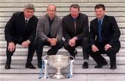 9 May 2001; County team managers, from left, Mick O'Dwyer of Kildare, Tommy Carr of Dublin, Brian Canavan of Armagh and John O'Mahony of Galway with the Sam Maguire Cup at the launch of the 2001 Bank of Ireland Football Championship. Photo by Ray McManus/Sportsfile