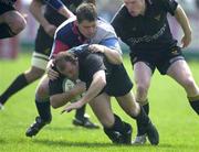 12 May 2001; Peter Clohessy of Young Munster is tackled by Clem Boyd of Belfast Harlequins during the AIB All-Ireland League Division 1 match between Young Munster RFC and Belfast Harlequins RFC at Tom Clifford Park in Dooradoyle, Limerick. Photo by Brendan Moran/Sportsfile