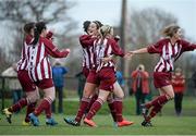 15 March 2016; Jennifer Byrne, NUI Galway, is congratulated by team-mates after scoring the winning penalty. WSCAI Premier Division Final, IT Carlow v NUI Galway, University of Limerick, Limerick. Picture credit: Sam Barnes / SPORTSFILE