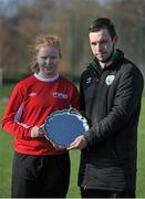 15 March 2016; Aoife Brennan, IT Sligo, is presented with the shield by Dylan Maguire, FAI. WSCAI Premier Plate Final, Waterford IT v IT Sligo, University of Limerick, Limerick. Picture credit: Sam Barnes / SPORTSFILE