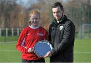 15 March 2016; Aoife Brennan, IT Sligo, is presented with the shield by Dylan Maguire, FAI. WSCAI Premier Plate Final, Waterford IT v IT Sligo, University of Limerick, Limerick. Picture credit: Sam Barnes / SPORTSFILE