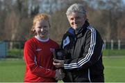 15 March 2016; Aoife Brennan, IT Sligo, is presented with the player of the match award by Neil O'Donnell, Chairman of the WSCAI. WSCAI Premier Plate Final, Waterford IT v IT Sligo, University of Limerick, Limerick. Picture credit: Sam Barnes / SPORTSFILE