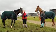 16 March 2016; OLBG Mares' Hurdle winner Vroum Vroum Mag and stable hand Steph Searle, left, with Stan James Champion Hurdle Challenge Trophy winner Annie Power and stable hand Nim Spalding, right, on the gallops ahead of Day 2 at the Cheltenham Festival 2016. Prestbury Park, Cheltenham, Gloucestershire, England. Picture credit: Seb Daly / SPORTSFILE