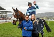 16 March 2016; Jockey Davy Russell celebrates with Katie Young, left, and Camilla Chapels after winning the Coral Cup Hurdle with Diamond King. Prestbury Park, Cheltenham, Gloucestershire, England. Picture credit: Seb Daly / SPORTSFILE