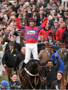 16 March 2016; Nico de Boinville celebrates winning the The Betway Queen Mother Champion Steeple Chase on Sprinter Sacre. Prestbury Park, Cheltenham, Gloucestershire, England. Picture credit: Cody Glenn / SPORTSFILE