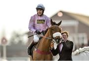 16 March 2016; Aidan Coleman and stable hand Harley Cornock walk Any Currency back past the front of the grandstand after winning the Glenfarclas Cross Country Steeple Chase. Prestbury Park, Cheltenham, Gloucestershire, England. Picture credit: Seb Daly / SPORTSFILE