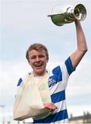 16 March 2016; Niall Comerford, Blackrock College, who scored the only try of the game and also broke his arm, celebrates with the trophy. Bank of Ireland Leinster Schools Junior Cup Final 2016, Blackrock College v St Michael's College, Donnybrook Stadium, Donnybrook, Dublin. Picture credit: David Fitzgerald / SPORTSFILE