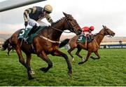 16 March 2016; Eventual winner Ballyandy, right, with Sam Twiston-Davies up, races alongside Battleford, with Mikey Fogarty up, on their way to winning the Weatherbys Champion Bumper. Prestbury Park, Cheltenham, Gloucestershire, England. Picture credit: Cody Glenn / SPORTSFILE