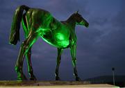 16 March 2016; The Arkle, pictured, and Dawn Run Statues were lit green ahead of St Patrick’s Day to mark Arkle’s 50th and Dawn Run’s 30th anniversary of winning the Gold Cup. Prestbury Park, Cheltenham, Gloucestershire, England Picture credit: Cody Glenn / SPORTSFILE