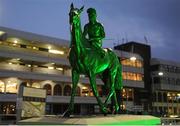 16 March 2016; The Arkle and Dawn Run, pictured, Statues were lit green ahead of St Patrick’s Day to mark Arkle’s 50th and Dawn Run’s 30th anniversary of winning the Gold Cup. Prestbury Park, Cheltenham, Gloucestershire, England Picture credit: Seb Daly / SPORTSFILE