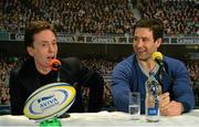16 March 2016; Former Leinster player Kevin McLaughlin, right, and snooker player Ken Doherty during the 2FM Game On International Special at the Aviva Fan Studio in Aviva Stadium. 70 lucky fans had the opportunity to attend the broadcast of the Aviva sponsored Game On on RTÉ 2FM previewing Saturday’s match between Ireland and Scotland in Aviva Stadium. Aviva Stadium, Lansdowne Road, Dublin. Picture credit: Piaras Ó Mídheach / SPORTSFILE