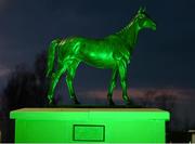 16 March 2016; The Arkle, pictured, and Dawn Run Statues were lit green ahead of St Patrick’s Day to mark Arkle’s 50th and Dawn Run’s 30th anniversary of winning the Gold Cup. Prestbury Park, Cheltenham, Gloucestershire, England Picture credit: Seb Daly / SPORTSFILE