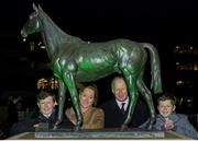 16 March 2016; The Arkle, pictured, and Dawn Run Statues were lit green ahead of St Patrick’s Day to mark Arkle’s 50th and Dawn Run’s 30th anniversary of winning the Gold Cup. Pictured are Pat Taaffe, age 14, from Straffan, Co. Kildare, Shona Dreaper, from Ashbourne, Co. Meath, whose grandfather trained Arkle, Tom Taaffe, whose father Pat Taaffe rode Arkle and Alex Taaffe, age 12. Prestbury Park, Cheltenham, Gloucestershire, England Picture credit: Cody Glenn / SPORTSFILE