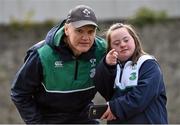 17 March 2016; Ireland supporter Jennifer Malone, from Clane, Co. Kildare, with head coach Joe Schmidt before the start of squad training. Carton House, Maynooth, Co. Kildare. Picture credit: David Maher / SPORTSFILE