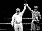 20 February 2010; Darren O'Neill, Paulstown, is announced victorious by referee Frank Ward following a walk-over from Tom O'Donnell, Ballymun. National Boxing Championships - Semi-Finals, National Stadium, Dublin. Picture credit: Stephen McCarthy / SPORTSFILE