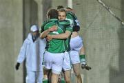 10 March 2010; Limerick's Eoin Fitzgibbon and team-mate Michael McCormack, left, celebrate at the final whistle. Cadbury Munster GAA Football Under 21 Quarter-Final, Limerick v Clare, Cooraclare GAA Club, Co. Clare. Picture credit: Diarmuid Greene / SPORTSFILE