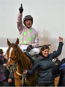 17 March 2016; Ruby Walsh celebrates as he enters the winners' enclosure after winning the Trull House Stud Mares Novices' Hurdle on Limini. Prestbury Park, Cheltenham, Gloucestershire, England. Picture credit: Seb Daly / SPORTSFILE