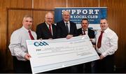 17 March 2016; GAA Vice President and Chairman of Leinster Council John Horan, 3rd from left, makes a presentation to Loughgiel Shamrocks GAA Club, Co Antrim, members, left to right, Sean McNaughton, John Campbell, John McKeown and Francis Traynor during the presentation of prizes to the winners of the GAA National Club Draw. Nally Suite, Croke Park, Dublin. Picture credit: Ray McManus / SPORTSFILE