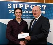 17 March 2016; GAA Vice President and Chairman of Leinster Council John Horan presents John Egan, Ballycumber, Tullamore, Co. Offaly, who a shopping voucher to the value of €1,000 at a retailer of his choice during the presentation of prizes to the winners of the GAA National Club Draw. Nally Suite, Croke Park, Dublin. Picture credit: Ray McManus / SPORTSFILE