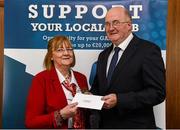 17 March 2016; GAA Vice President and Chairman of Leinster Council John Horan presents Mary Dowd, Emmet Og GAA Club, Longford, who won a Trip with the 2016 All-Stars, during the presentation of prizes to the winners of the GAA National Club Draw. Nally Suite, Croke Park, Dublin. Picture credit: Ray McManus / SPORTSFILE