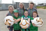 16 March 2016; Parteen NS girls 5th class students Aisling Cooney, Lauren Fahy, and Lauren O'Driscoll, after a coaching session with Republic of Ireland senior women’s team player Claire O’Riordan, playing with Wexford Youths FC, from Newcastlewest Co. Limerick, centre, and U19's players Aislinn Meaney, left, and Chloe Moloney both playing with Galway WFC, from Co. Clare. The Republic of Ireland players delivered over €1,000 worth of sports equipment to Parteen National School, Co. Clare, courtesy of Continental Tyres, proud supporters of women’s soccer in Ireland. The school won a recent Today FM radio competition and the pupils received the new sports equipment and a special Continental Tyres training session at their school with the Irish women’s soccer players. Parteen National School, Parteen, Co. Clare. Picture credit: Diarmuid Greene / SPORTSFILE