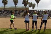 17 March 2016; TG4 LGFA All Stars, from left, Rena Buckley, Cork, Annie Walsh, Cork, Sinead kernan, Armagh and Caroline O'Hanlon, Armagh, speak to students before giving a demonstration of Ladies Football. TG4 Ladies Football All-Star Tour, Mar Vista High School, Imperial Beach. California, USA. Picture credit: Brendan Moran / SPORTSFILE