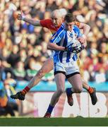 17 March 2016; Aran Waters, Ballyboden St Endas, is tackled by Tom Cunniffe, Castlebar Mitchels, resulting in a penalty. AIB GAA Football All-Ireland Senior Club Championship Final, Ballyboden St Endas, Dublin, v Castlebar Mitchels, Mayo. Croke Park, Dublin. Picture credit: Stephen McCarthy / SPORTSFILE