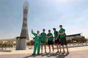 11 March 2010; Ireland's 4x400m relay team athletes, from left, Jim Kidd, team coach, Tim Crowe, Nick Hogan, Brian Murphy and Billy Ryan outside the Aspire Dome ahead of the 13th IAAF World Indoor Athletics Championships. Doha, Qatar. Picture credit: Pat Murphy / SPORTSFILE