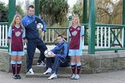 11 March 2010; Hunky Dorys and former League of Ireland champions Drogheda United have announced a major two year sponsorship deal, which will include United Park being renamed Hunky Dorys Park and the first and reserve teams will carry the Hunky Dory logo. At the announcement are models Claudia Martin, left, and Laura Prendergast with goalkeeper Paul Skinner and team captain Alan McNally. Herbert Park Hotel, Ballsbridge, Dublin. Picture credit: Brendan Moran / SPORTSFILE