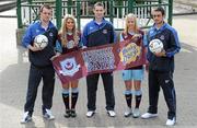 11 March 2010; Hunky Dorys and former League of Ireland champions Drogheda United have announced a major two year sponsorship deal, which will include United Park being renamed Hunky Dorys Park and the first and reserve teams will carry the Hunky Dory logo. At the announcement are models Claudia Martin, 2nd from left, and Laura Prendergast with players, from left, Paul Skinner, team captain Alan McNally and Jamie Duffy. Herbert Park Hotel, Ballsbridge, Dublin. Picture credit: Brendan Moran / SPORTSFILE