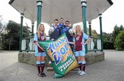 11 March 2010; Hunky Dory's and former League of Ireland champions Drogheda United have announced a major two year sponsorship deal, which will include United Park being renamed Hunky Dorys Park and the first and reserve teams will carry the Hunky Dory logo. At the announcement are models Claudia Martin, left, and Laura Prendergast with players Paul Skinner, 2nd from left, team captain Alan McNally, centre, and Jamie Duffy. Herbert Park Hotel, Ballsbridge, Dublin. Picture credit: Brendan Moran / SPORTSFILE