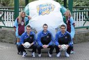 11 March 2010; Hunky Dory's and former League of Ireland champions Drogheda United have announced a major two year sponsorship deal, which will include United Park being renamed Hunky Dorys Park and the first and reserve teams wil carry the Hunky Dory logo. At the announcement are models Claudia Martin, left, and Laura Prendergast with players Paul Skinner, 2nd from left, team captain Alan McNally, centre, and Jamie Duffy. Herbert Park Hotel, Ballsbridge, Dublin. Picture credit: Brendan Moran / SPORTSFILE