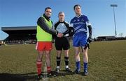 7 March 2010; Team captains Ryan McMenamin, Tyrone, left, and Vincent Corey, Monaghan, with referee Martin Higgins, before the match. Allianz GAA Football National League, Division 1, Round 3, Monaghan v Tyrone, Inniskeen GAA Grounds, Inniskeen, Co. Monaghan. Picture credit: Brian Lawless / SPORTSFILE