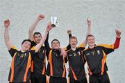 11 March 2010; Ard Scoil Ris players, all from County Clare, from left to right, Shane Crehan, Sean O'Connor, joint captain Cathal McInerney, Jamie Shanahan and Martin Moroney celebrate with the Dr Harty Cup after victory over Thurles CBS. Harty Cup Final, 2nd Replay, Thurles CBS v Ard Scoil Ris, McDonagh Park, Nenagh, Co. Tipperary. Picture credit: Diarmuid Greene / SPORTSFILE
