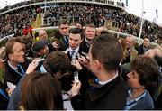 18 March 2016; Trainer Joseph O'Brien is interviewed after Ivanovich Gorbatov, with Barry Geraghty up, won the JCB Triumph Hurdle. Prestbury Park, Cheltenham, Gloucestershire, England. Picture credit: Cody Glenn / SPORTSFILE